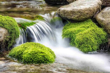 A serene stream flows over moss-covered rocks, creating a tranquil natural scene.
