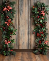 Elegant Holiday Doorway Decoration with Festive Evergreen Garlands, Red Berries, and Pine Cones for Christmas Atmosphere