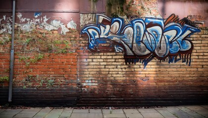 Weathered Brick Wall with Colorful Graffiti and Rusted Metal Pipe. Industrial Urban Decay Meets...