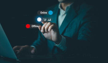 Online vs offline sales or marketing strategy concept, Businessman using virtual touchscreen...