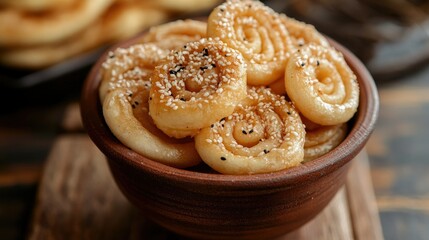 Naklejka premium Close-up shot of spiral-shaped rice flour snacks sprinkled with sesame seeds, in a traditional clay bowl on a wooden surface.