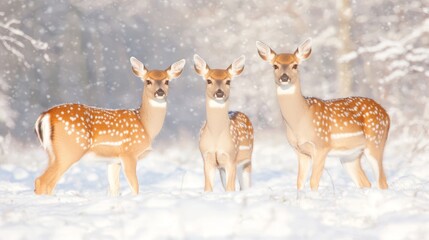 Enchanting Winter Scene: Playful Family of Deer frolicking in Snowy Field with Cinematic Light and Visible Breath