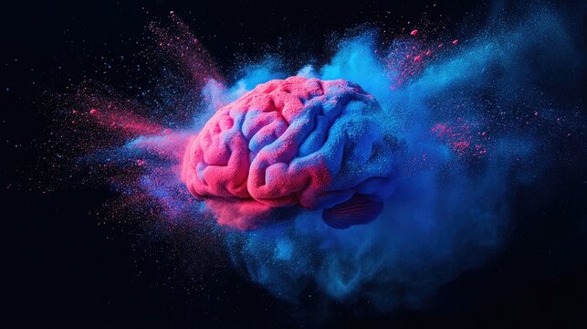 Colorful powder particles bursting into the shape of a brain, with blue and pink colors creating a vibrant pattern on a dark background.