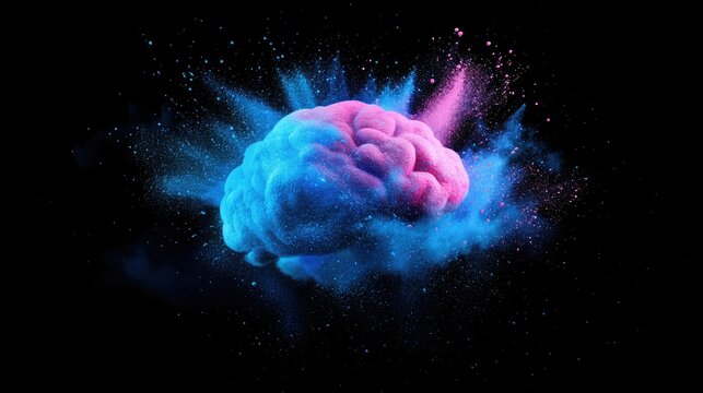 Colorful powder particles bursting into the shape of a brain, with blue and pink colors creating a vibrant pattern on a dark background.