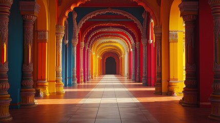 Obraz premium An empty scene featuring a grand archway adorned with the Karnataka flag colors, creating an ideal product mockup space, with ample copy space for text, 