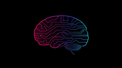 A stylized illustration of a brain with a circuit board pattern in vibrant pink and blue hues.