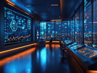 Futuristic control room overlooking cityscape with advanced technology displays