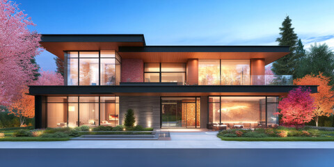 Fototapeta premium Modern two-story house with a sleek design and large windows, set against a backdrop of vibrant foliage.