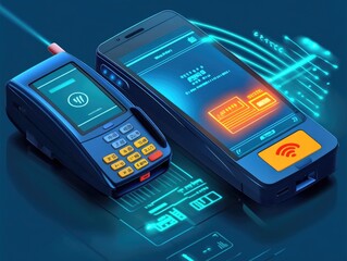 Digital payment connection: smart devices showcasing contactless technology and security features