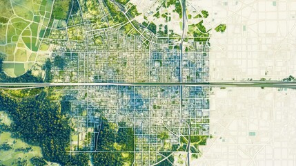 Naklejka premium An aerial view of a city with a highway dividing the city into two parts.