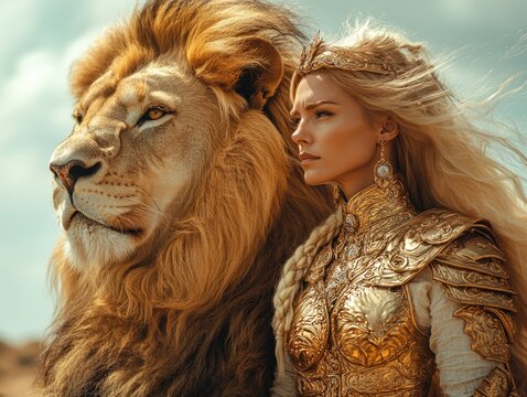 Majestic warrior queen with lion in desert embodies strength and royalty