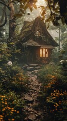 Fototapeta premium Enchanted forest with a hidden cottage, 4K hyperrealistic photo
