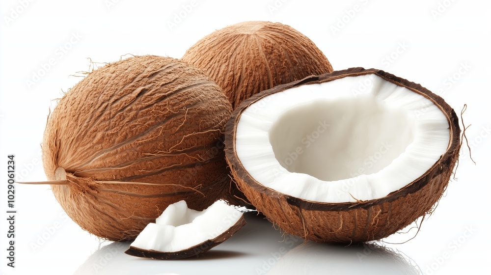 Poster fresh coconuts on a white background showcasing their natural texture and distinctive shell, emphasi