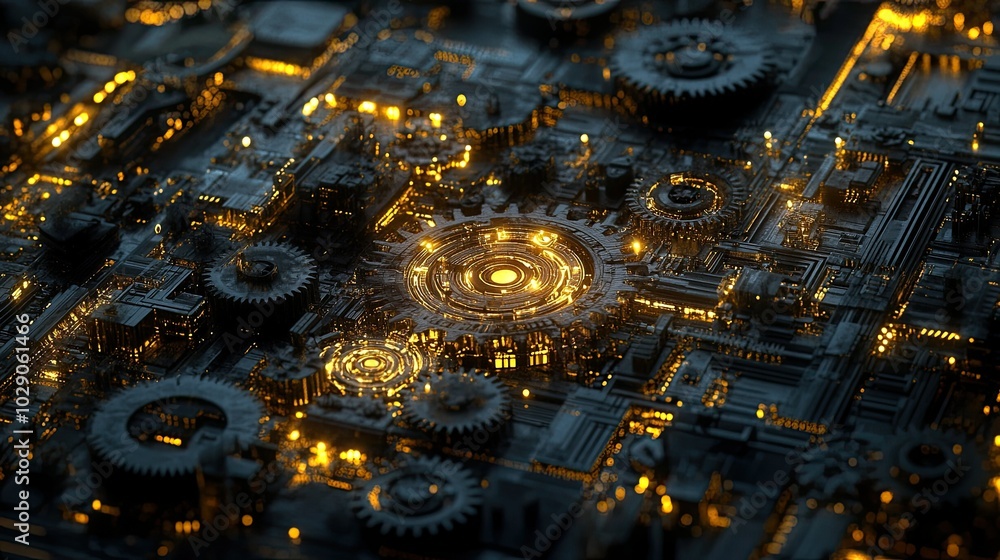 Poster abstract close-up of a complex network of gears and circuitry, illuminated with warm light.