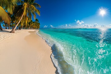 A 360-degree panoramic photo of a tropical beach, with turquoise water gently lapping against the white sand, palm trees swaying in the breeze, and the sun setting over the horizon