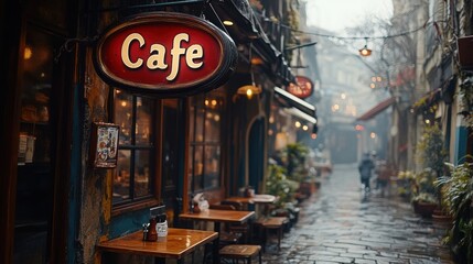 A cozy, atmospheric European street cafe on a rainy day with inviting outdoor seating and a nostalgic ambiance, perfect for enjoying a quiet coffee in the city