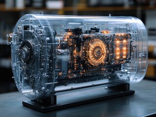 Futuristic transparent machine with illuminated inner components in a high-tech laboratory