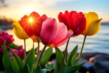 A Tulip garden at sunrise, with the first rays of light hitting the flowers, illuminating their petals in shades of red, pink, and yellow