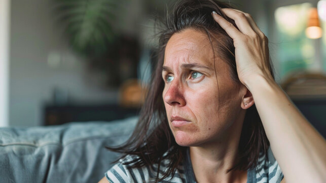 A woman with thinning hair sitting on the couch, looking tired and mentally drained.
