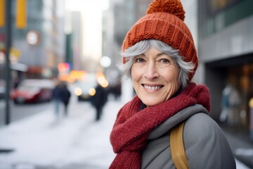 Portrait of a content woman in her 70s donning a warm wool beanie isolated in pristine snowy mountain