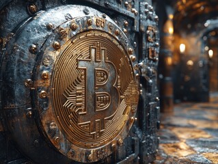 Fototapeta premium Rustic bitcoin vault door in shadowy corridor: cryptocurrency security concept