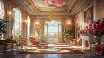 Fototapeta premium Elegant palace hall with frescoed ceilings, large framed windows, and pink rose murals, exuding an atmosphere of sophistication