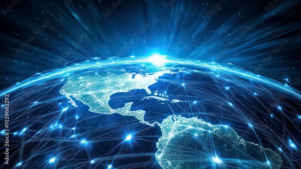 Poster a glowing blue earth with light streaming from its center, surrounded by a network of interconnected