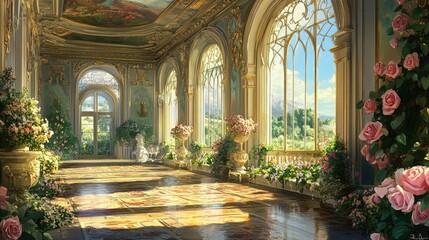 Fototapeta premium Expansive palace room with a mix of pastel hues, frescoes of blooming roses, and large windows offering a view of the lush gardens outside