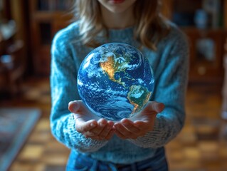 Woman holding illuminated earth globe indoors with soft lighting
