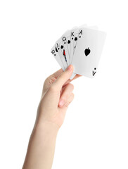 Poker game. Woman holding playing cards on white background, closeup