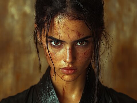 Intense portrait of a determined woman with fierce expression in dramatic lighting
