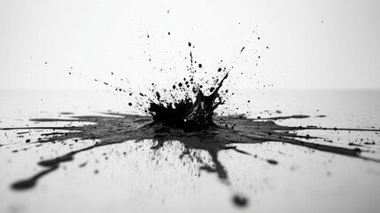 A minimalist black ink splatter across a white canvas, with sharp and soft edges