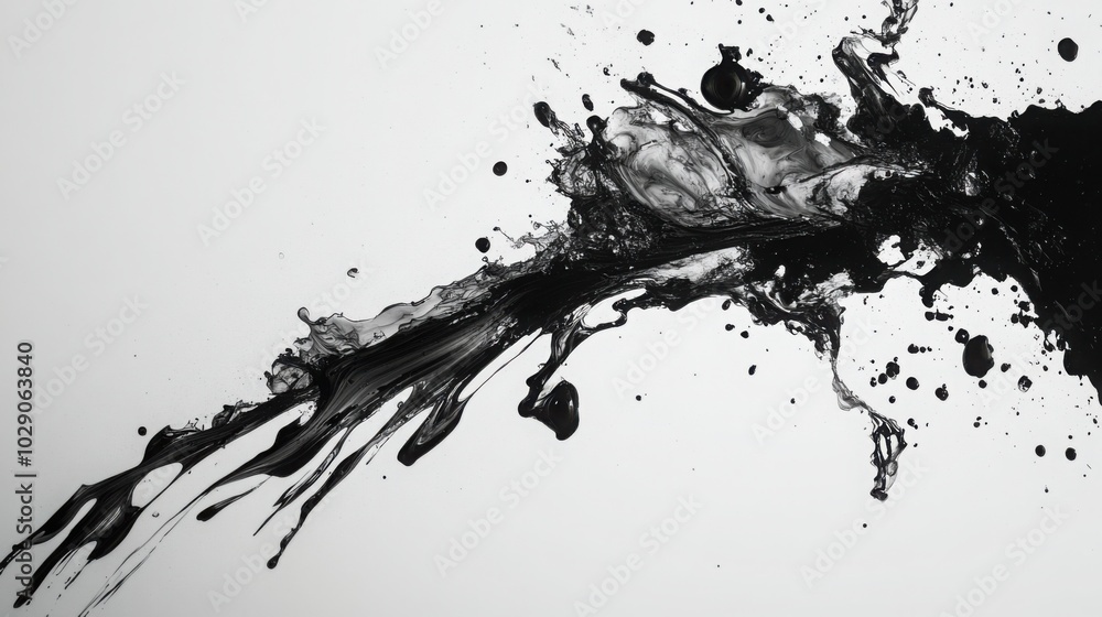 Poster a minimalist black ink splatter across a white canvas, with sharp and soft edges
