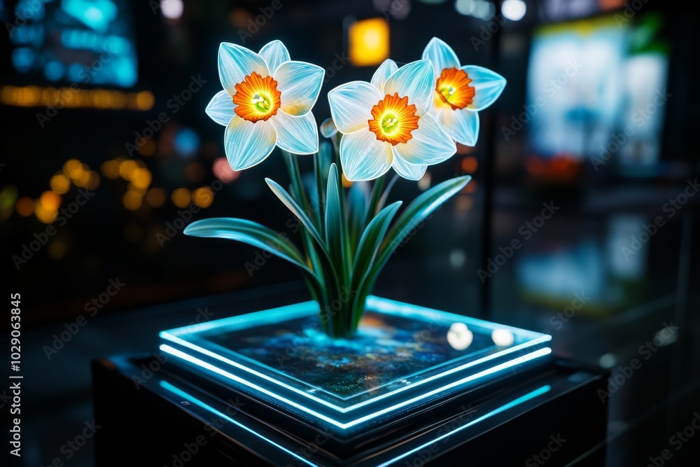Poster A digital display of a Narcissus plant in a virtual garden, where users can interact with the flowers and change their colors and bloom times in a holographic environment