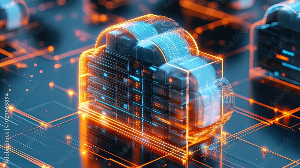Poster abstract futuristic digital cloud computing servers with glowing lines connected to a network.
