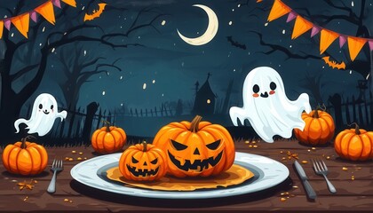 Spooky Halloween Table Setting with Ghosts and Pumpkins