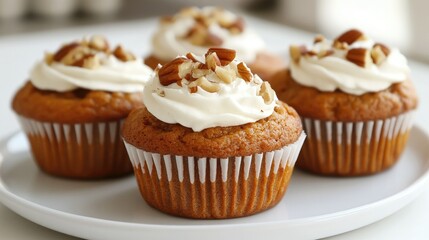 Freshly baked vegan carrot muffins with crunchy nuts and rich cream, beautifully displayed on a white plate, inviting a healthy indulgence.