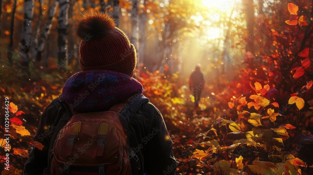 Poster a person stands in an enchanting forest during autumn, surrounded by vibrant orange and yellow leave