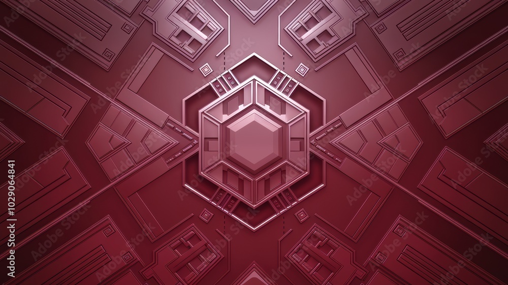 Poster abstract geometric design with hexagonal shapes on a crimson background.