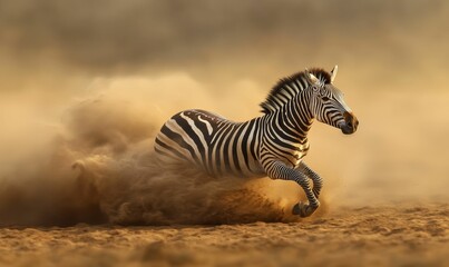 A zebra runs through dust in the desert.