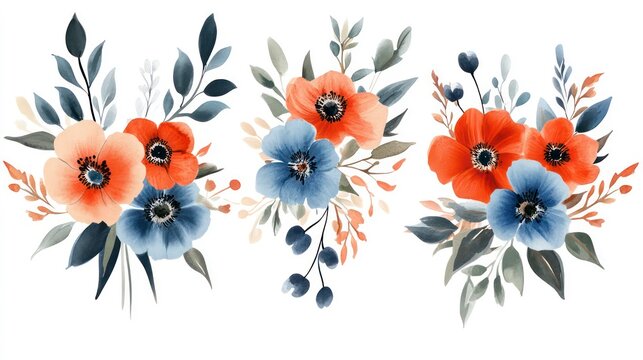 Watercolor illustration of three floral bouquets with blue and orange anemones, leaves and twigs on a white background.
