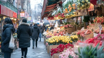 Obraz premium A bustling street market with colorful flowers and produce on display, attracting a crowd of shoppers.