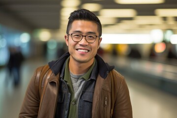 Portrait of a cheerful asian man in his 30s dressed in a warm wool sweater in front of bustling airport terminal background