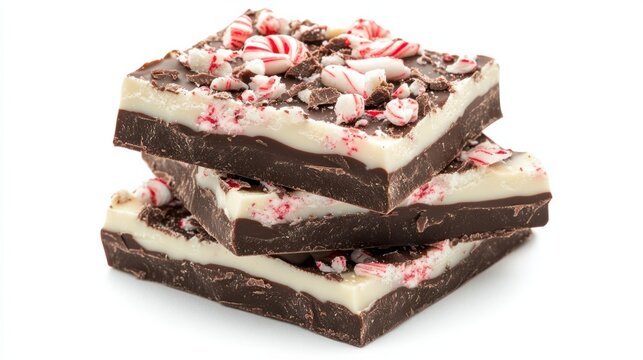 Christmas peppermint bark pieces with layers of white and dark chocolate, topped with crushed candy canes, isolated on white background