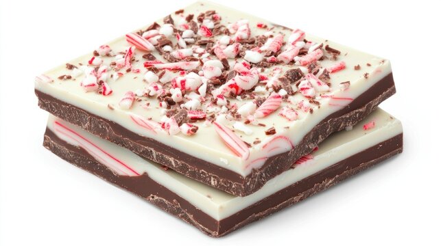 Christmas peppermint bark pieces with layers of white and dark chocolate, topped with crushed candy canes, isolated on white background