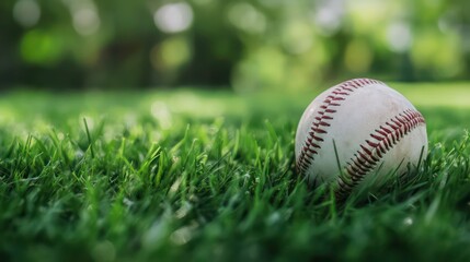 A baseball resting on a green grassy field with a blurred background of sunlight and leaves.