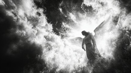 Obraz premium A silhouette of an angel with large wings against a cloudy sky with a bright light shining through.
