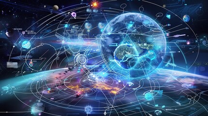 Obraz premium Future Universe Concept Map - a visionary and imaginative visual. The concept map depicts a futuristic universe, illustrating innovative ideas and celestial elements in a captivating manner.