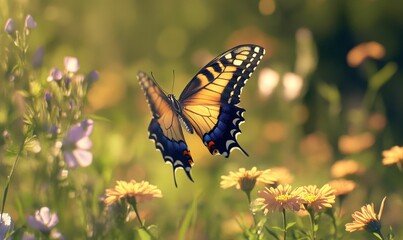 Obraz premium Butterfly flying over a field of flowers.