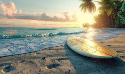 Obraz premium Surfboard on the beach, 4K hyperrealistic photo